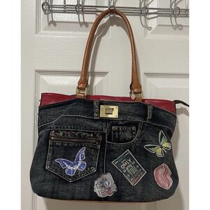 Nicole Lee USA Denim‎ Patchwork Applique Rhinestones Studded Y2K Satchel Tote